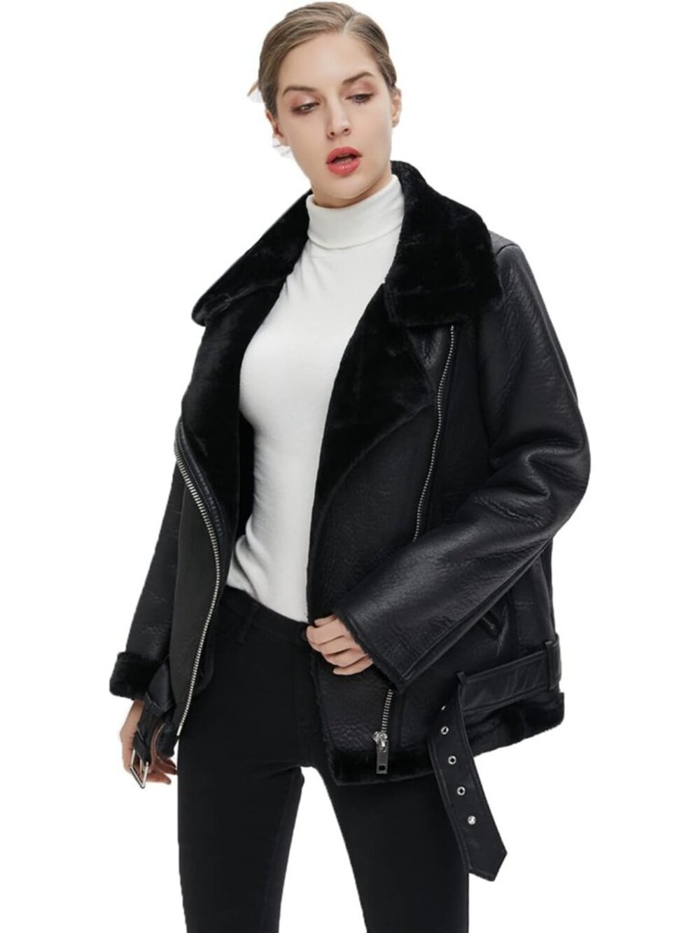 Women's Black Polyester Faux Shearing Moto Thick Lined Winter Leather Jacket - Picture 4 of 5